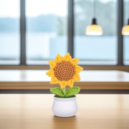 PENIKOKO 1Pack Car Dashboard Decor Handmade Knitted Sunflower Potted Plant with Plastic Pot 11.8x2.9x2.2in