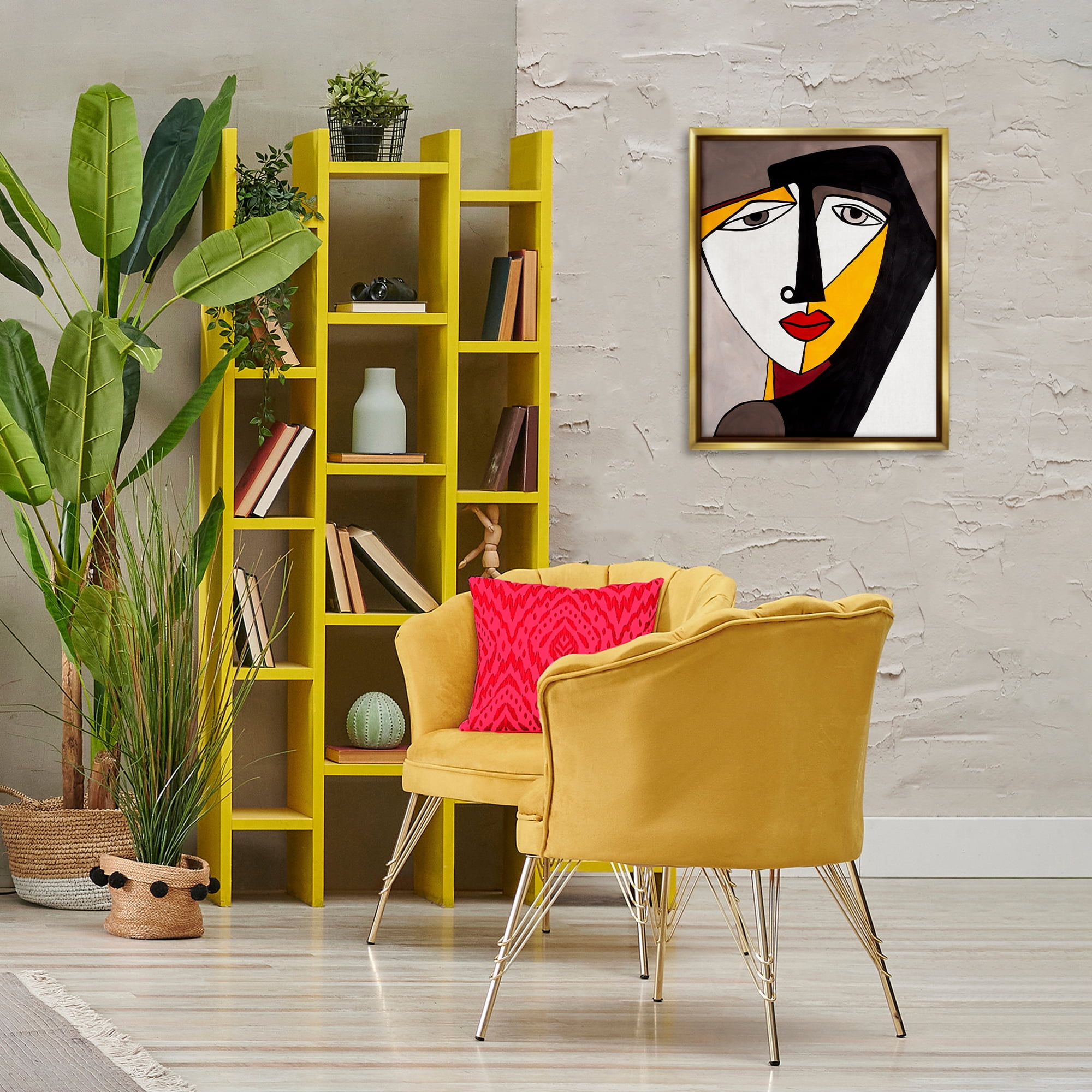 Stupell Industries Cubism Female Face People Painting Gold Floater Framed Canvas Art Print Wall Art, 17 x 21