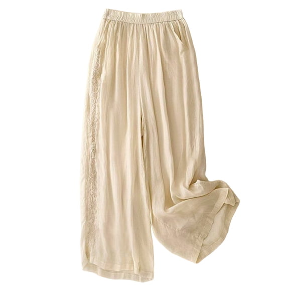 Seductiva Casual Pants for Women Women's 2025 Nine Point Wide Leg Pants for Women's Summer End Retro Embroidered Loose Draped Cotton and Linen Pants for Women's Casual Pants 1PC