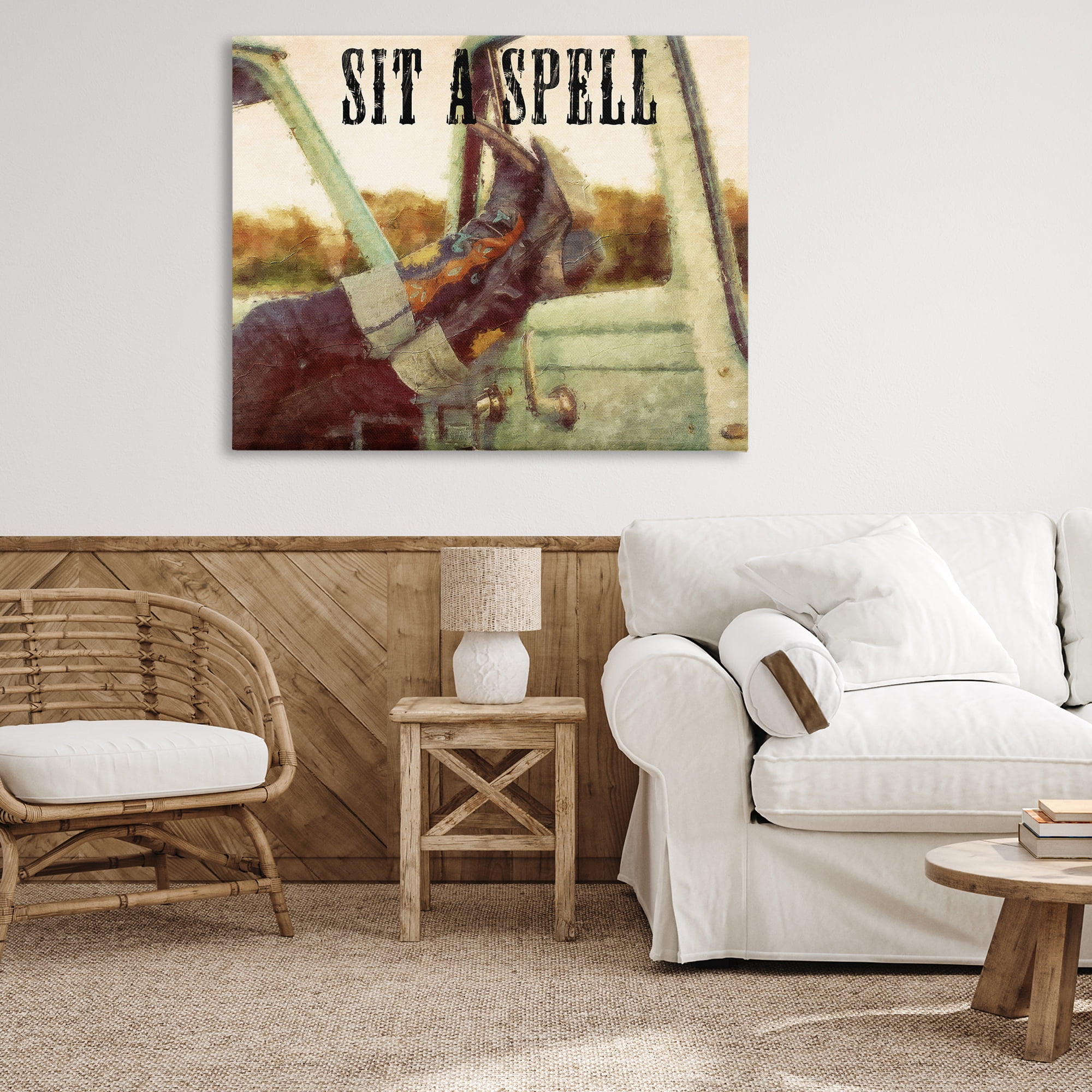 Stupell Industries Sit A Spell Cowboy Typography Painting Gallery Wrapped Canvas Art Print Wall Art, 48 x 36