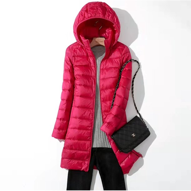 Chaqueta de plumón ligera y de moda con capucha y corte ajustado de longitud media para mujer de otoño e invierno, talla grande