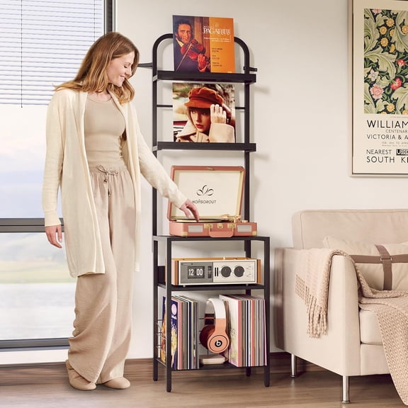 Record Player Stand with Vinyl Storage - 5-Tier Turntable Table with Adjustable Feet, Metal & Wood Cabinet - Console Organizer Display Shelf for Living Room, Apartment