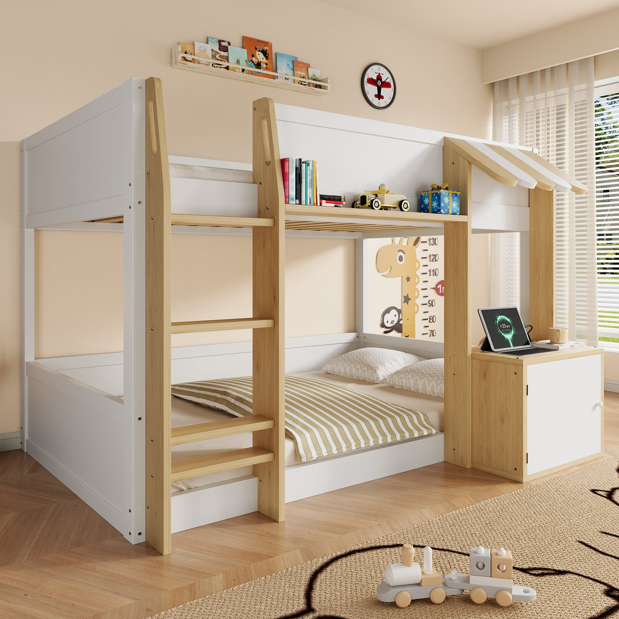 Euroco Wood Twin over Twin Bunk Bed with Desk and Cabinets, Storage Bed with Shelves and USB Ports, White