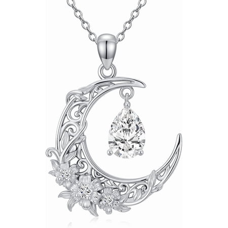 AOBOCO Pear-Cut Moissanite Cross/Moon Necklaces for Women, 925 Sterling Silver Pear-Cut Moissanite with Blue Crystal Pendant Necklaces for Women Mom Wife