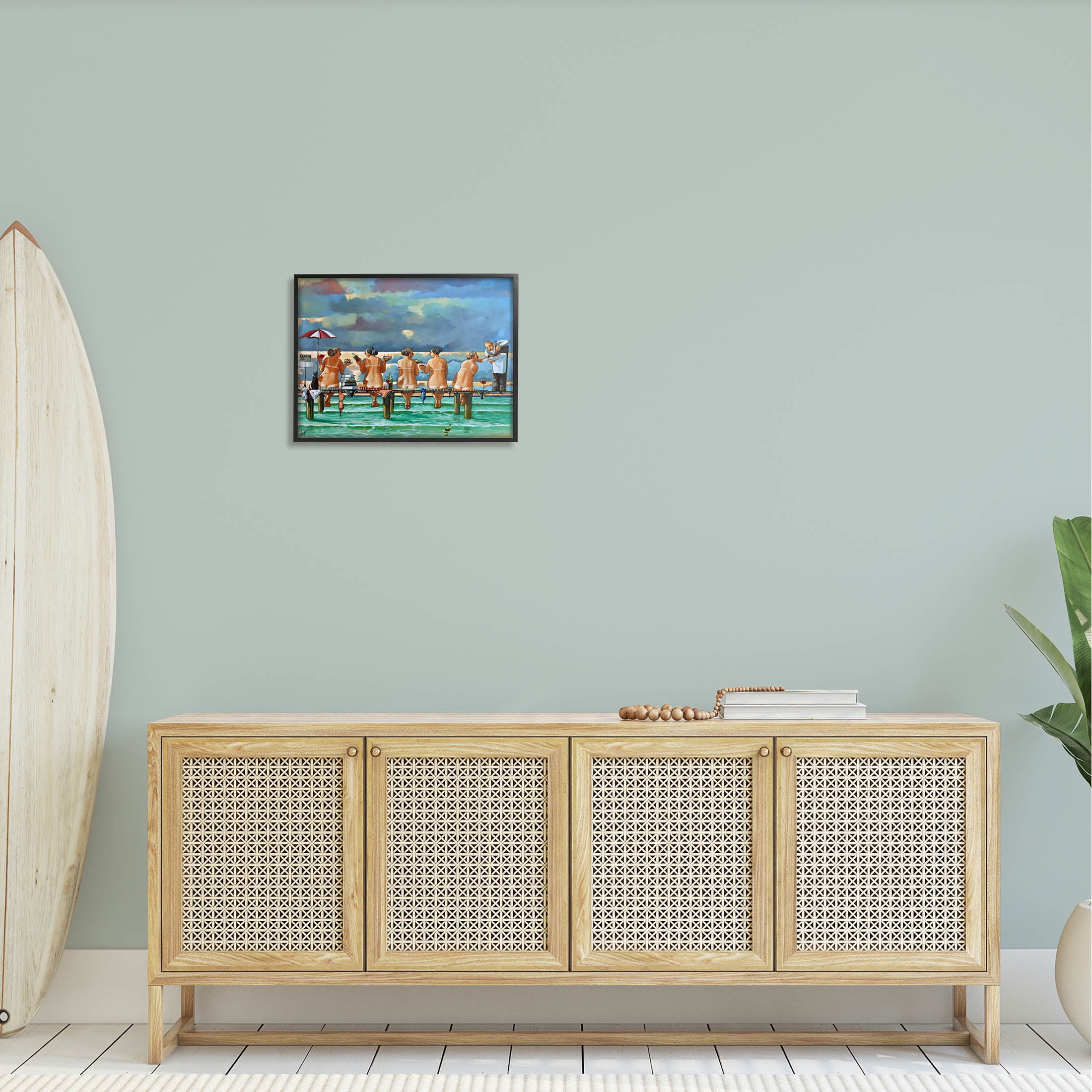 Beach Dock Women Summer Fun Coastal Painting Black Framed Art Print Wall Art