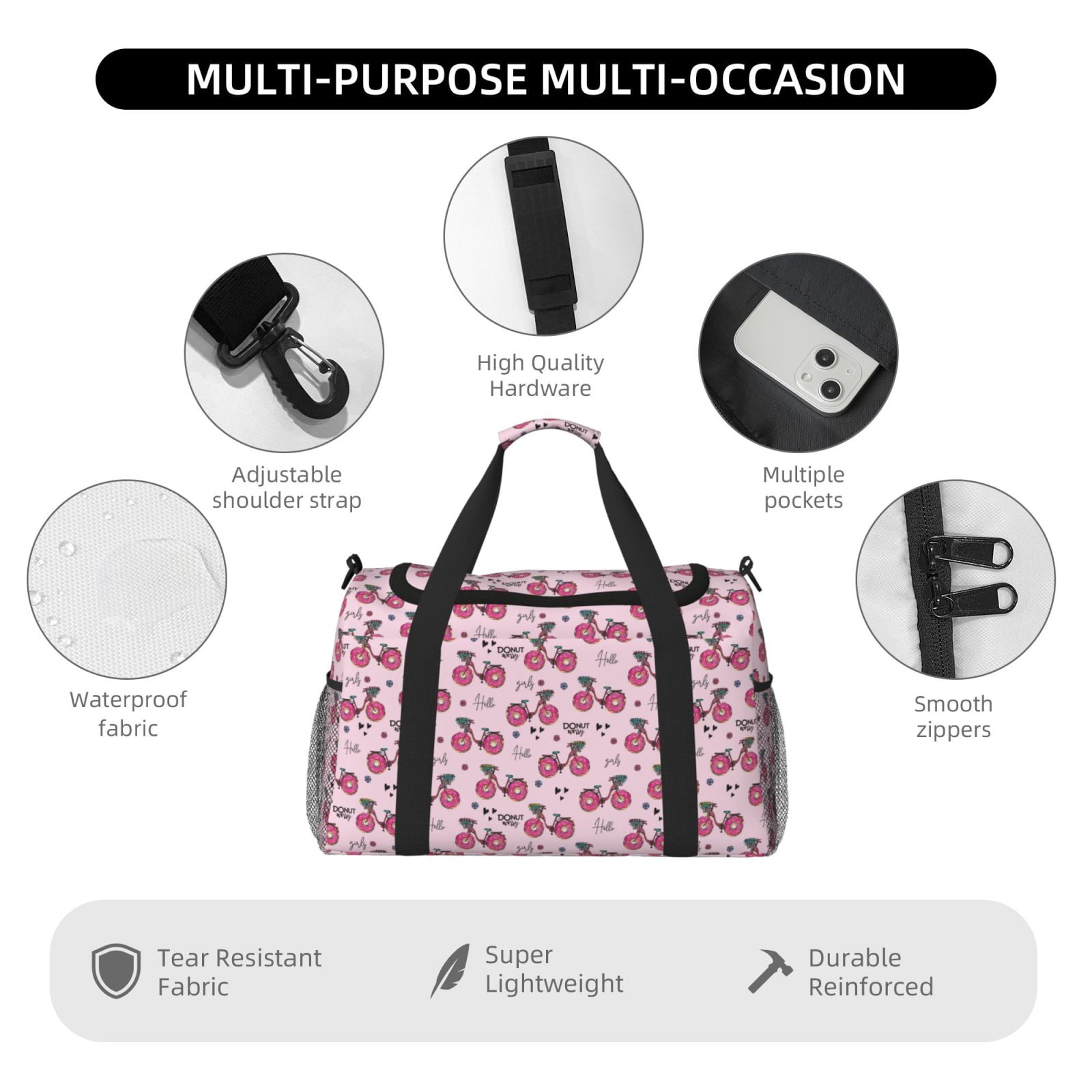 Rateoe Bike with Donut Wheels Pattern Gym Bag for Women, Duffle Bag for Travel with Wet Pocket, Carry on Weekender Bags for Women, Water Resistant Travel Bag Duffel Bag