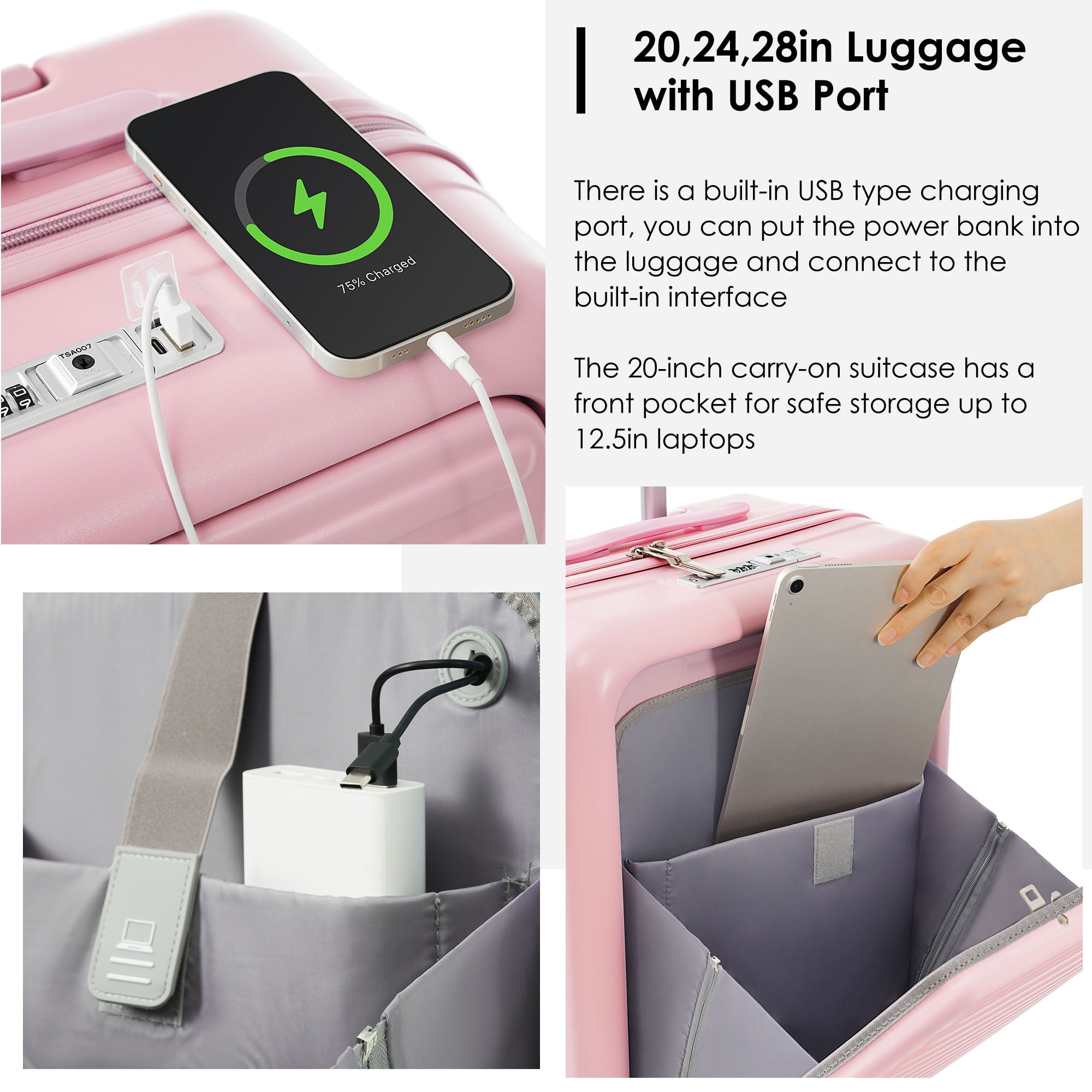 LoLado Front Opening 20in Carry-on Luggage with Expandable Travel Bag Set, ABS Hard Shell Two-piece Travel Suitcase Set with USB Port, Cup Holder, Pink