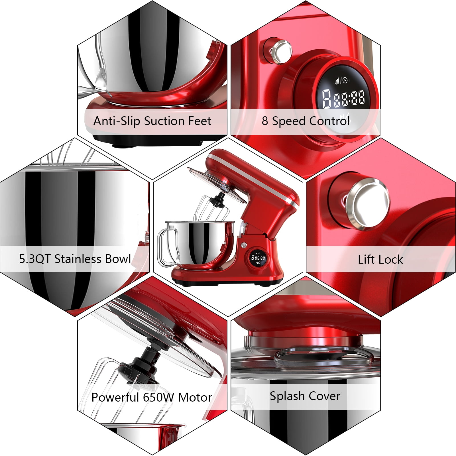Fenbeli 5.3Qt Stand Mixer,650 W 8 Speeds Kitchen Electric Food Mixer for Daily Use with Egg Whisk,Dough Hook,Flat Beater,Red