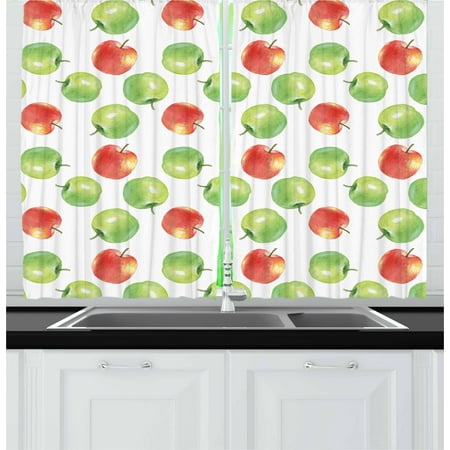 Jaclyn Smith Drapes Apple Curtains 2 Panels Set, Watercolor Illustration of Granny Smiths and Celesta Brush Strokes Effect, Window Drapes for Living Room Bedroom, 55W X 39L Inches, Dark Coral Apple Green, by Ambesonne ()
