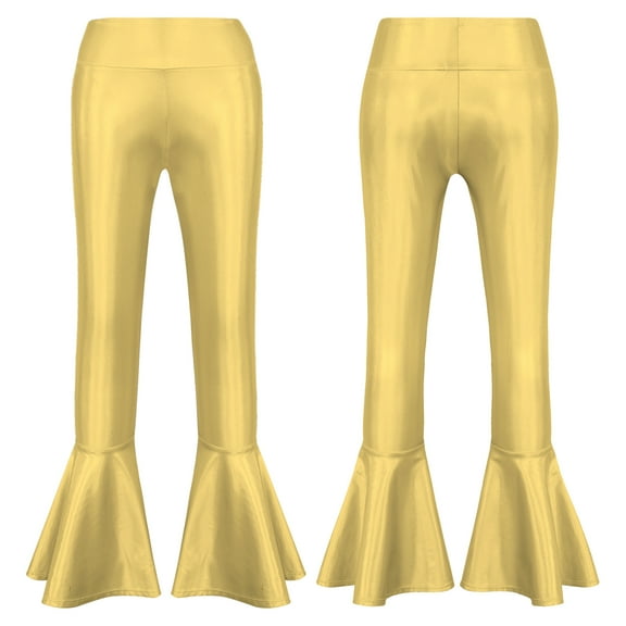 YONGHS Kids Girls Shiny Dance Trousers Ruffle Hem Bell-bottom Jazz High Waist Long Pants A Gold 14
