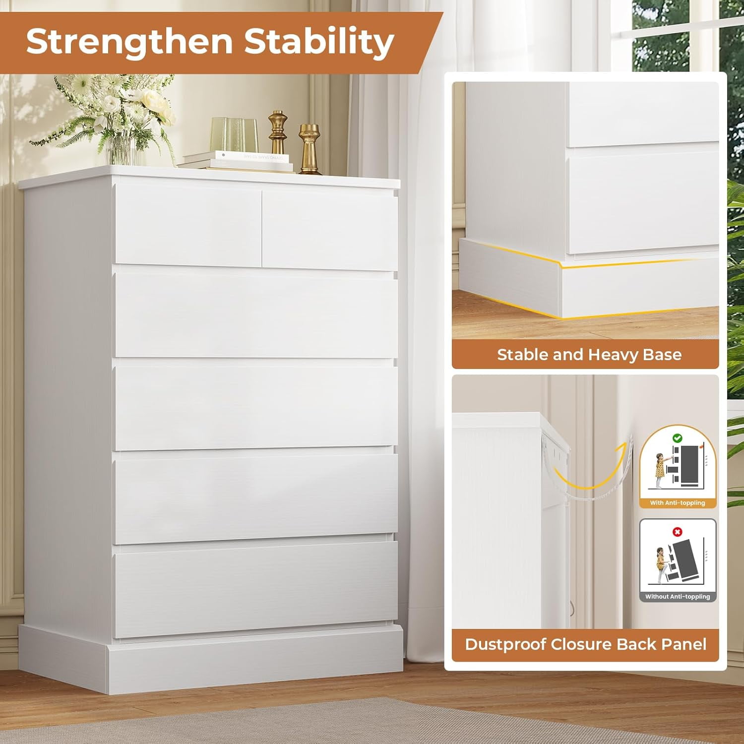 White Tall Dresser with 6 Drawers Dresser & Storage Cabinet for Bedroom, Modern Wood Chests of Drawers & Closet Organizer for Living Room Hallway