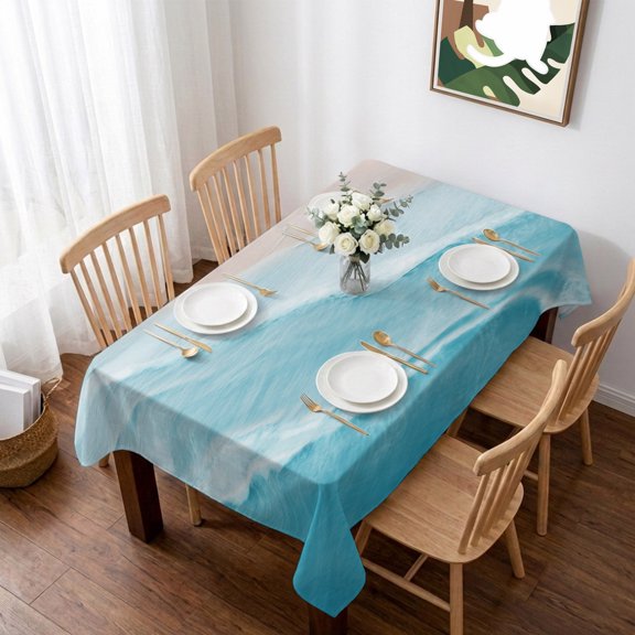Blue Coastal Wave Table Cloth Waterproof Tablecloths, Summer Modern Ocean Beach Tablecloth Dining Table Cover for Kitchen Party Tabletop Outdoor, Rectangle Tablecloth 52x70 Inch