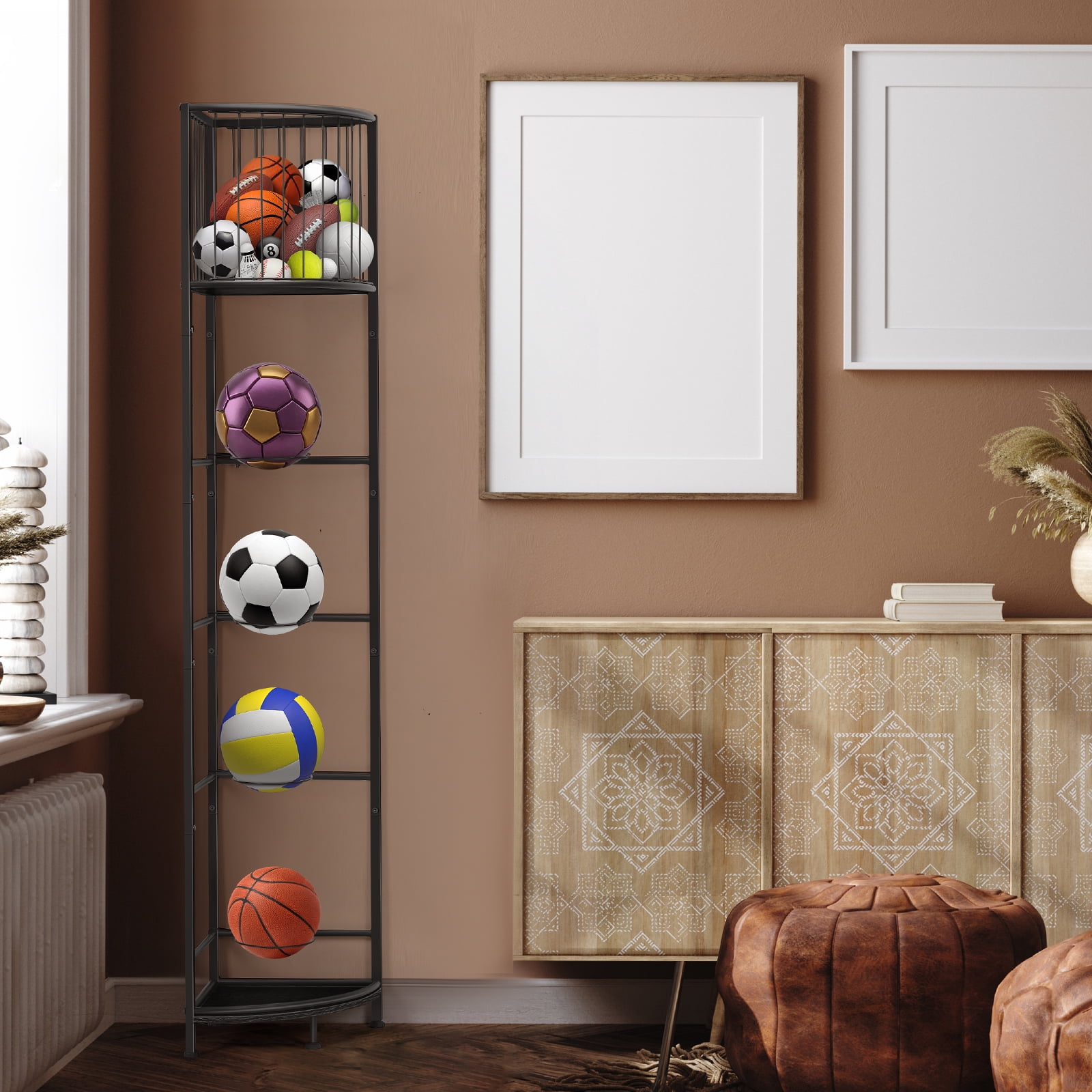 Oumilen 3-Tier Freestanding Basketball Storage Rack, Heavy-Duty Sports Ball Organizer