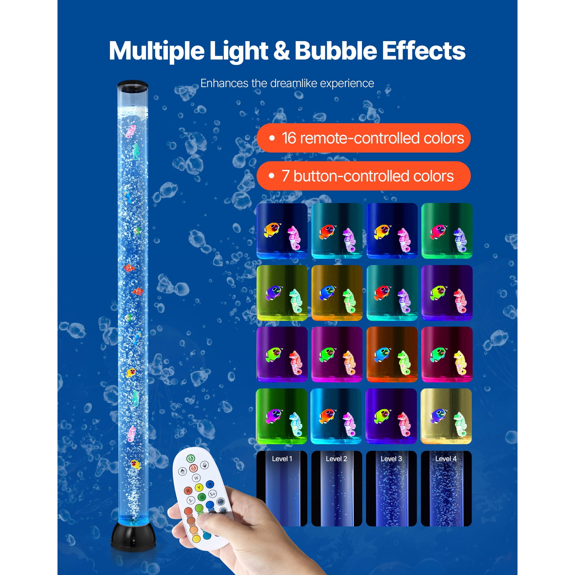 KFFKFF 5 ft Sensory Bubble Tube Lamp with Floating Fish, 16 Color Options, Remote Control, and Calming Light for Home Decor and Relaxation