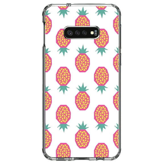 DistinctInk Clear Shockproof Hybrid Case for Samsung Galaxy S10e (5.8" Screen) - TPU Bumper, Acrylic Back, Tempered Glass Screen Protector - Summer Graphics - Pineapple Pattern - Pink