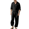 thumbnail image 5 of FRSASU Mens 2 Pieces Cotton Linen Set Long Sleeve Button Down Shirts Casual Drawstring Yoga Pants Summer Beach Wedding Outfits Black, 5 of 9