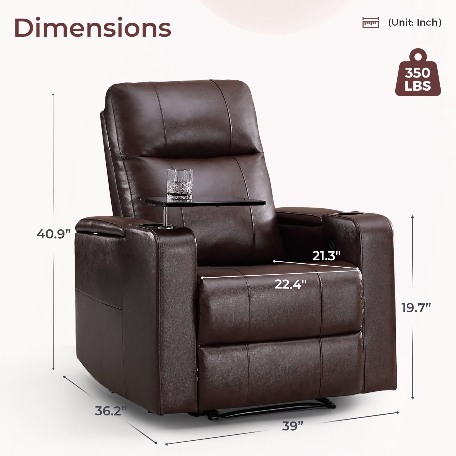 Bonzy Home Power Electric Recliner Chair, PU Leather Home Theater Seating with Swivel Tray Cup Holders, USB Port & Hidden Storage, Single Movie Recliner for Living Room Media Room, Brown
