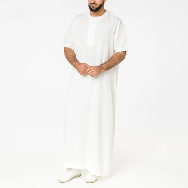 Chemise Habillée pour Homme Décontractée Unie à Col Rond avec Fermeture Éclair, Manches Courtes, Jubba Thobe pour un Confort Quotidien et un Style Moderne