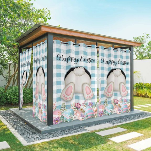 Outdoor Curtains for Patio Waterproof, Easter Bunny Outdoor Privacy Panels Grommet, Colorful Eggs Cute Rabbit Blue White Check Blackout Outside Curtains for Porch/Cabana 54"x108", 1 Panel