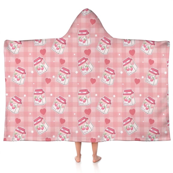 Strawberry Plants Fruit Milk Box Checkered Hooded Bath Towel,50"x30" for Ages 3 To 12 Kids, Quick Dry Lightweight Soft Microfiber Hood Beach Towel Cover Up for Kids