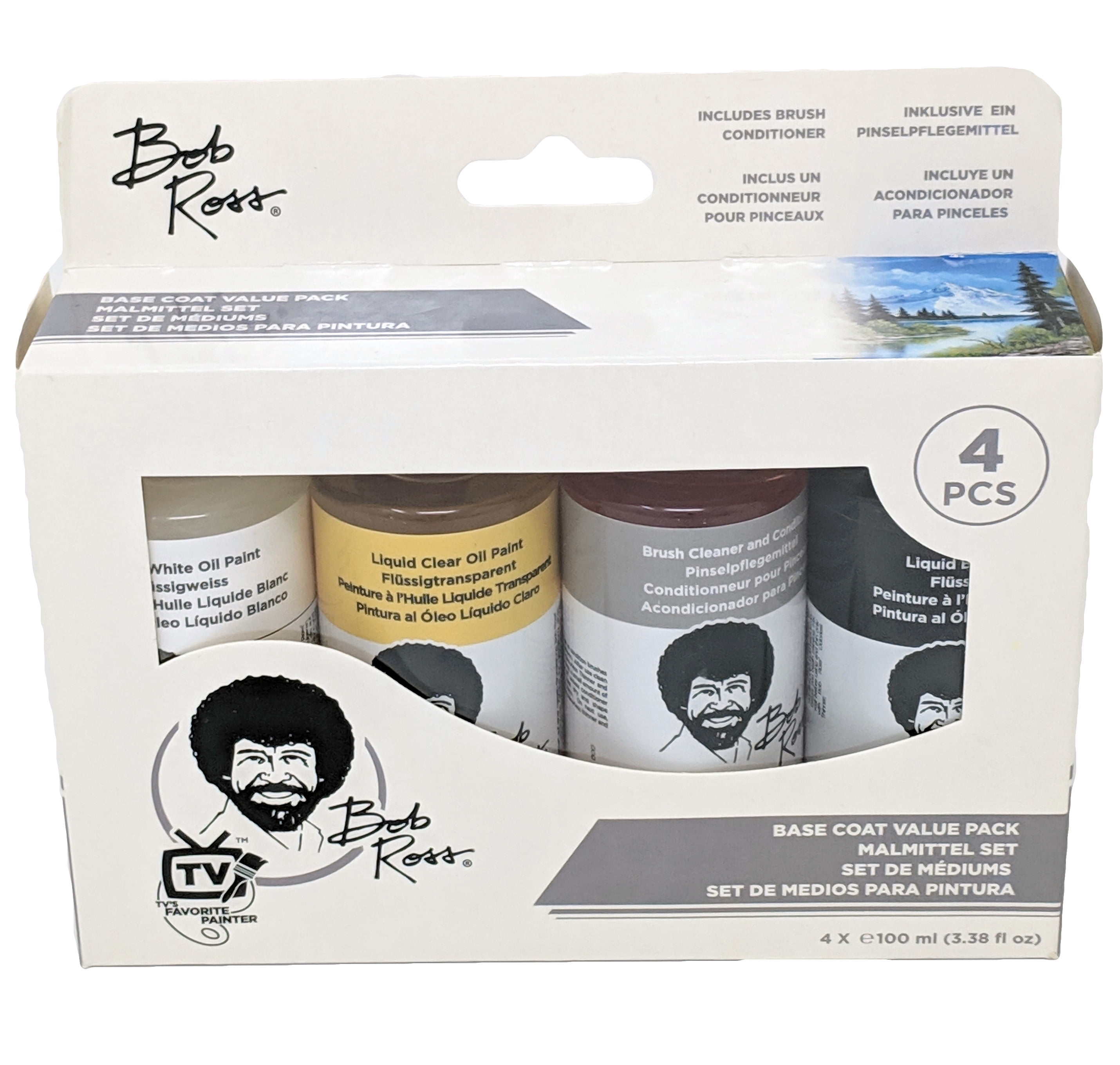 Bob Ross Base Coat Value 4Pack (Liquid White, Black, Clear + Brush