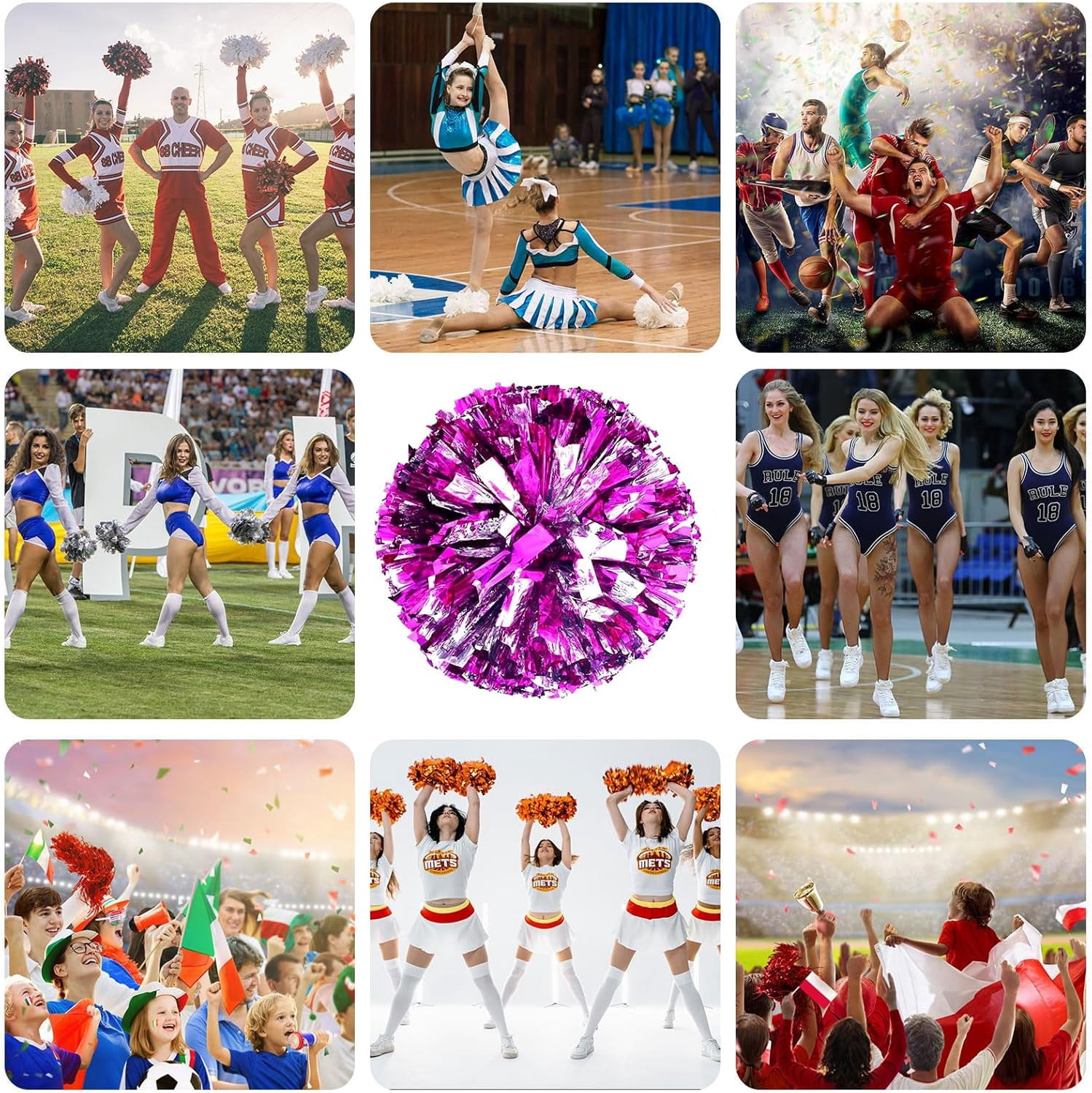 Cheerleader Pom Poms 24 Pack Sports Dance Cheering Plastic Metallic Cheerleading Pom Poms for Kids Adults-Ring Style