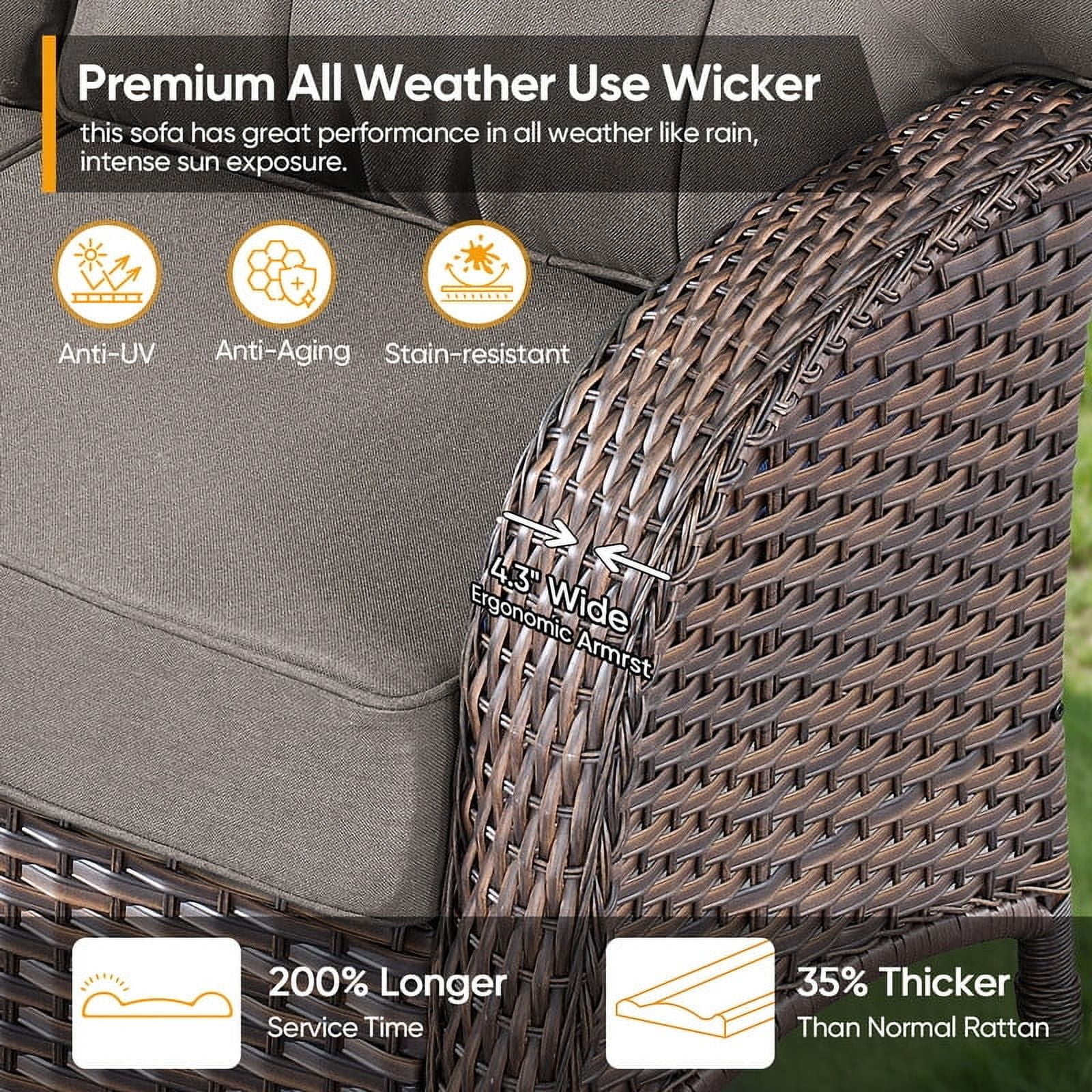 PARKWELL 8-Piece Outdoor Furniture Set with 30-Inch Propane Firepit - Rattan Cushioned Sofa and Wicker Swivel Glider Chairs,Outdoor Seating for Backyard Gatherings, Brown/Gray