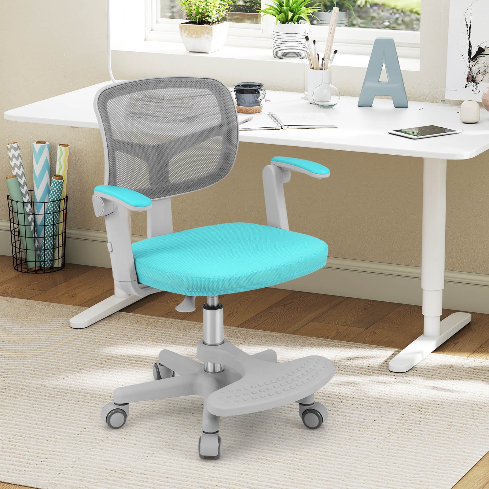 Costway Kids Desk Chair Children Study Chair with Adjustable Height, Armrest & Footrest Green