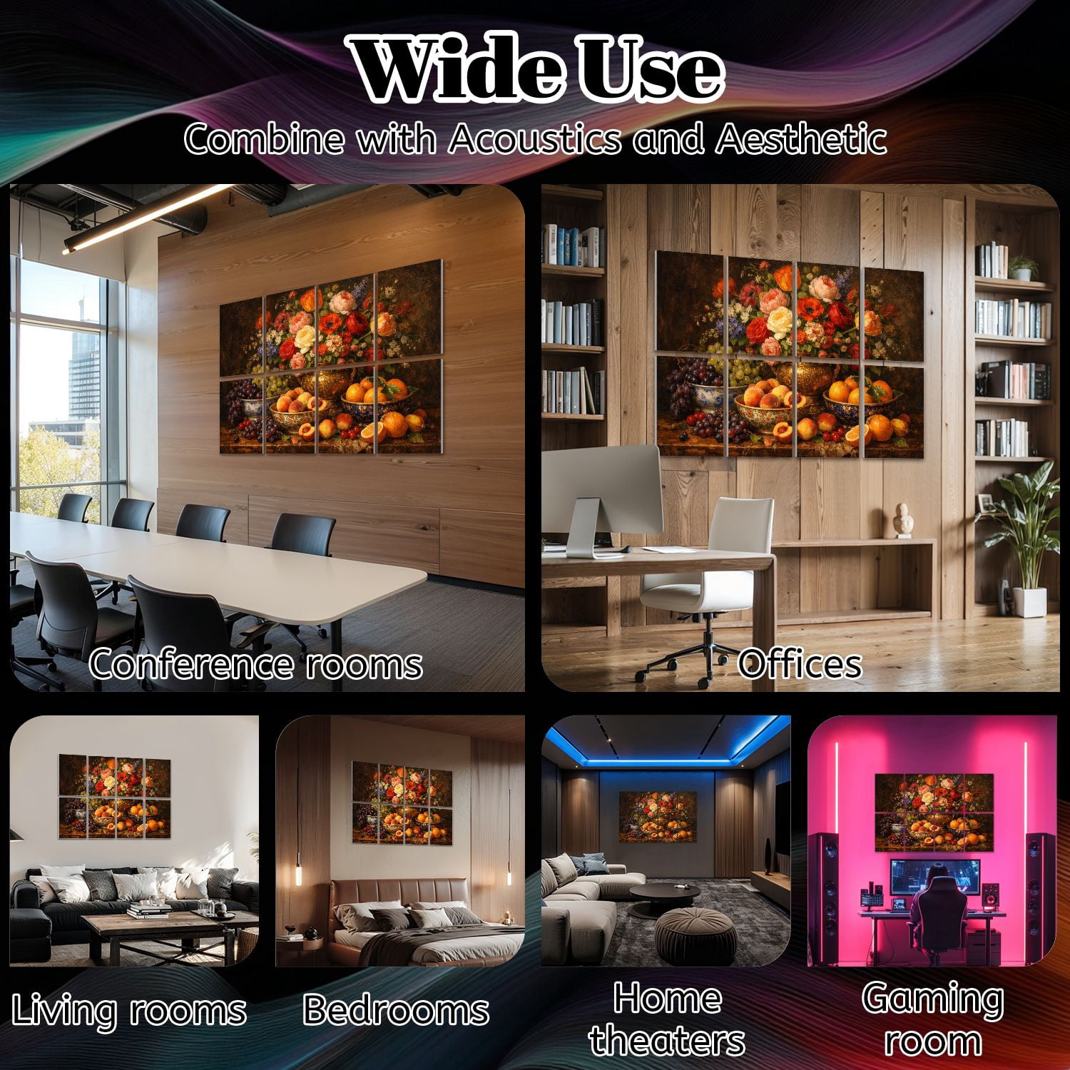 8 Pack Art Acoustic Panels Sound Absorbing Luxurious Baroque Floral Fruit Still Life Dark Decorative Soundproof Wall Panels Self Adhesive for Nursery Game Room Bedroom 48"x32"