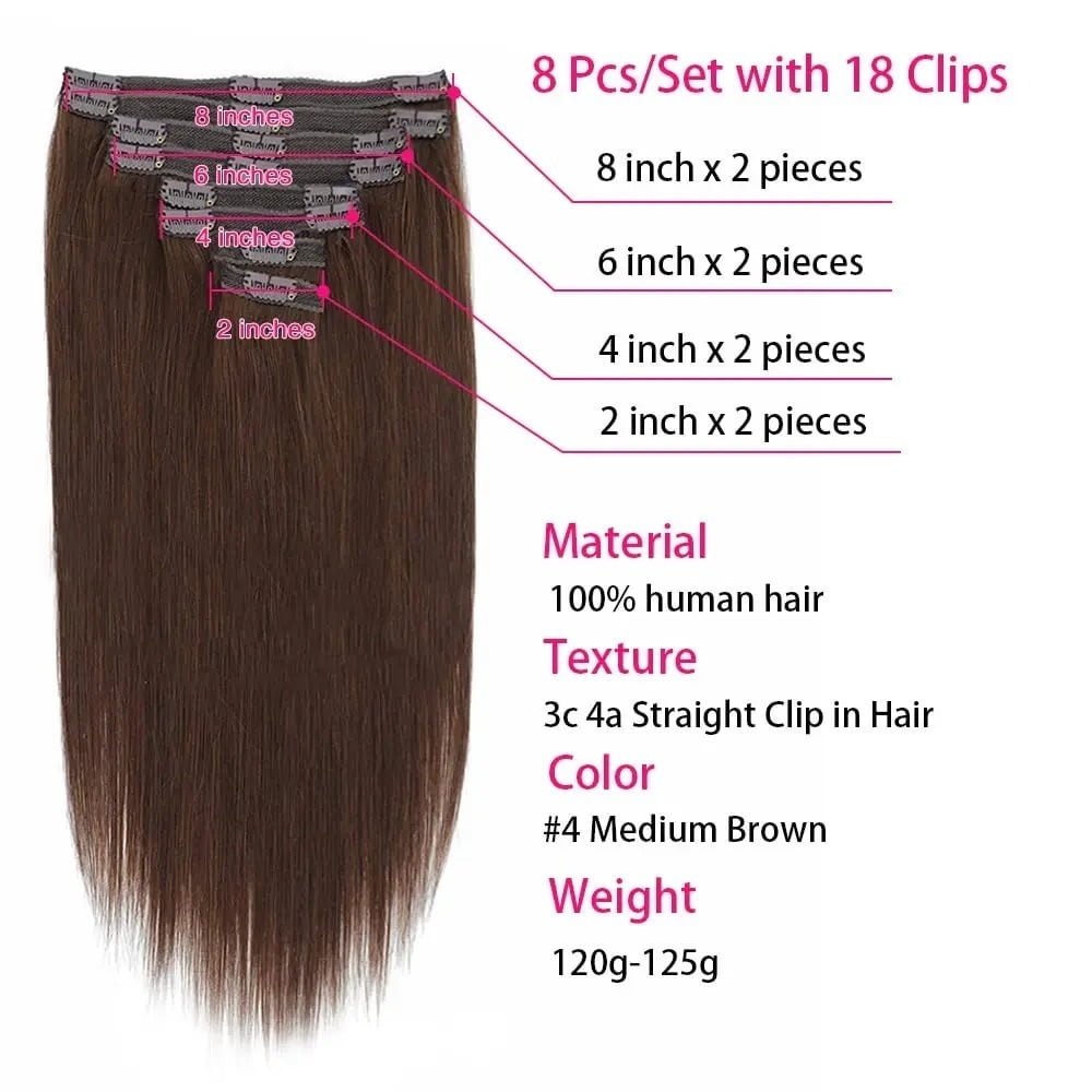 Clip in Human Hair Extensions Brazilian Remy Hair 10-26inch 120g 8Pcs Silky Straight Real Human Hair Clip in Extension #4 Brown Real Hair Extensions