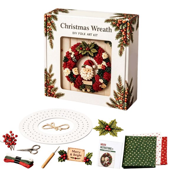 Christmas 3D Fabric Poke Wreath DIY Kit for Adults, Christmas Wreath 3D Fabric Poke Art Craft Kit, No Sewing Required, Beginner-Friendly, Relaxing DIY Activity for Front Door, Window, Tree and Wall