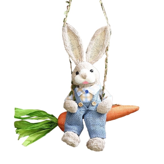 Easter Straw Bunny Figurine, Straw on Carrot Swing, Bunny Statue Hanging Ornament for Easter Holiday Home