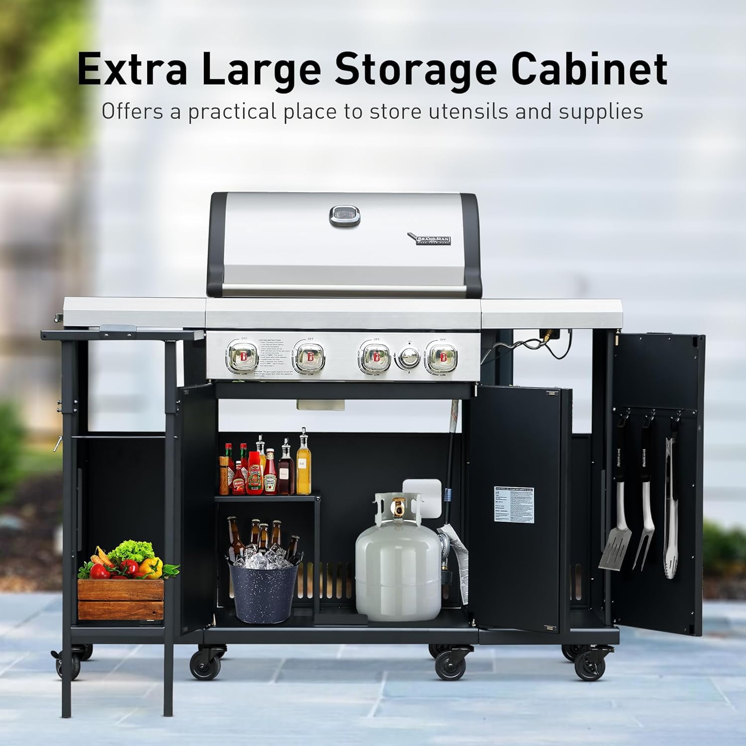 Brand Man 4-Burner Outdoor Gas Kitchen Grill Island with Side Burner, BBQ Station with Storage Cabinets and Fold-out Prep Table, LPG/NG Convertible