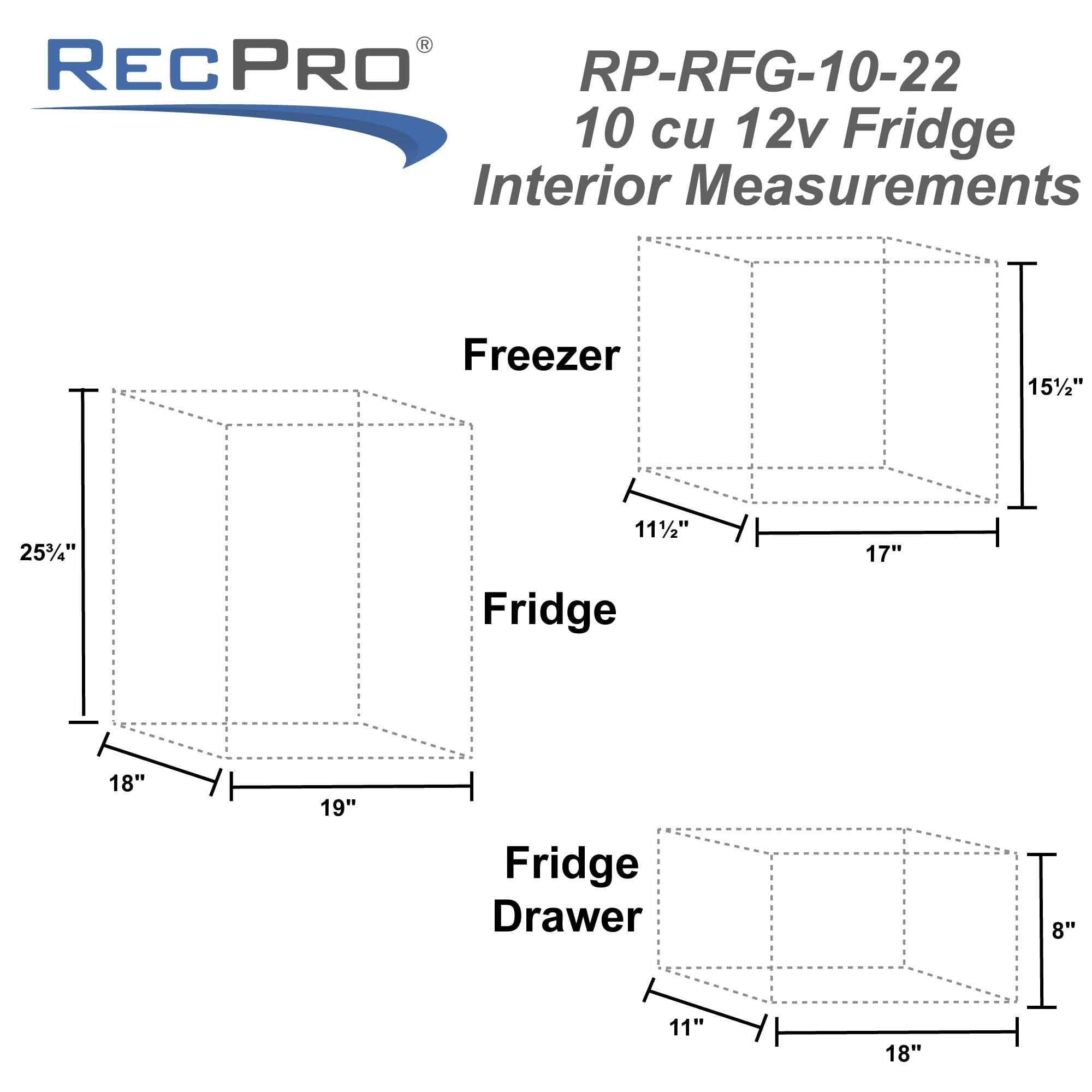 RecPro 10 Cu Ft 12V RV Refrigerator | Frost-Free Fridge with Freezer | Double Door, Adjustable Shelves, Reversible Door, Built-In Lock | 23.5”W x 26”D x 59”H | Off-Grid & Dry Camping Ready