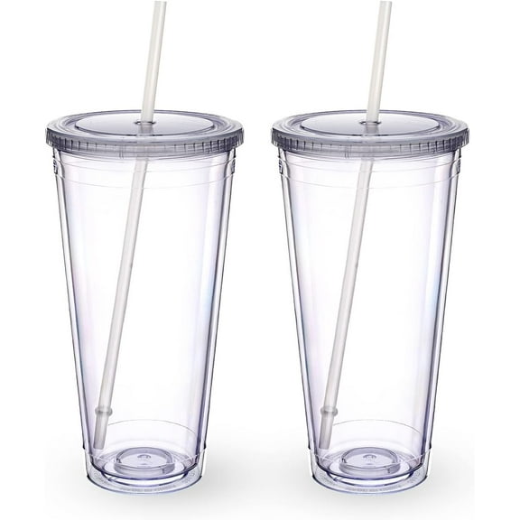 Clear Tumblers with Lid and Straw 20oz/2 PACK,Reusable Plastic Cup,Double Walled Insulated Reusable Plastic Iced Coffee Cup suitable for Cold Drinks, Juice, Coffee,Crystal Clear,Fall Resistant
