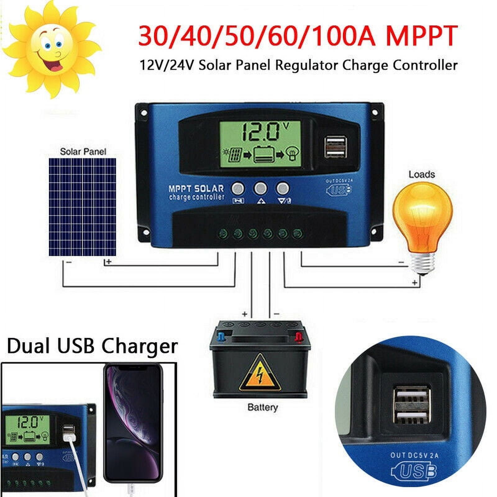 30/40/50/60/100A MPPT Solar Panel Regulator Charge Controller 12V/24V Auto Focus