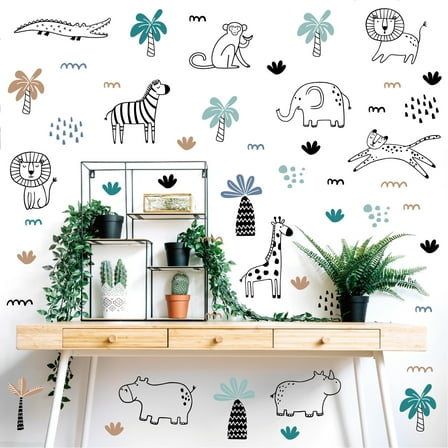 Jungle Wildlife Animal Wall Decals Line Art Stickers Peel and Stick for Kids Bedroom Nursery Playroom Living Room Decor