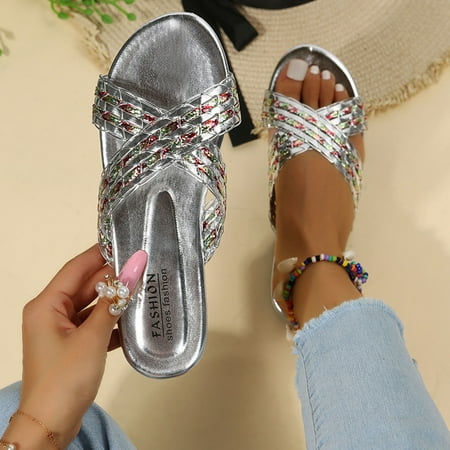 

Gubotare House Slippers Women Flat Sandals Braided Leather Crossover Nude Dressy Fashion Evening Party Wedding Sandals Silver 7.5