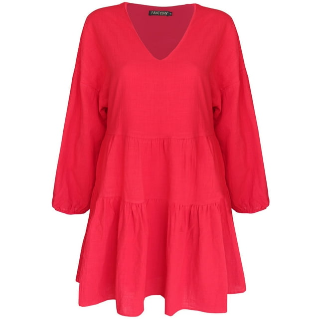Adorable Robe avec Poches Entièrement Doublée Manches Cloche Ourlet V Cou Tunique Swing en Vrac Mini Robe