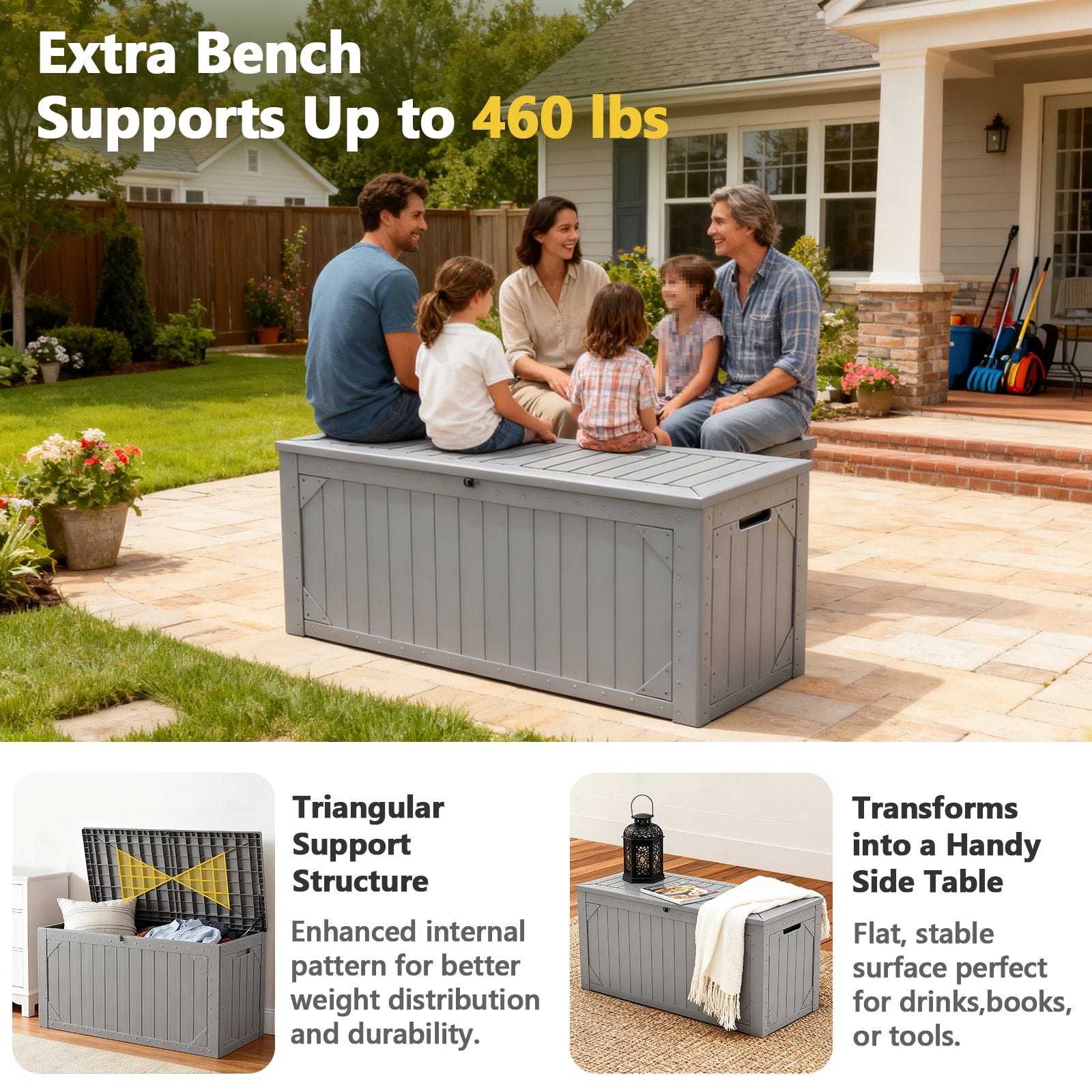 HaiCube 100 Gallon Lockable Resin Deck Box,Waterproof UV Resistant Outdoor Storage Bin with Lid for Patio,Garden & Pool Accessories,Gray