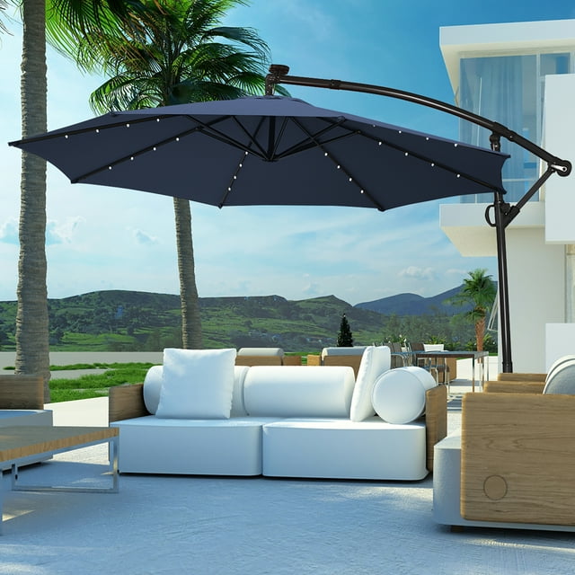 Costway Parasol Déporté de Patio 10 Pieds à DEL Solaires, Rotation à 360 Degrés, Aluminium, Bleu Marine