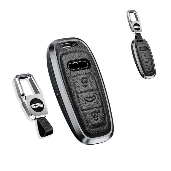 1Pcs Keyless Black Key Fob Cover fit for Audi A6 A7 A8 2020 2021 E-tron Q8 Q7 Metal Leather Key Protector Case Shell with Keychain