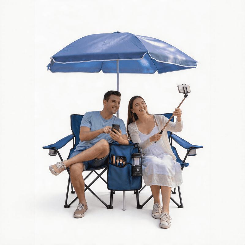 Portable Folding Picnic Chair Set with Umbrella,2-Person Outdoor Camping Chairs with Cup Holders & Cooler Bag, Adjustable Sun Canopy, Heavy Duty Beach Chairs for Patio, Backyard, Travel, Blue