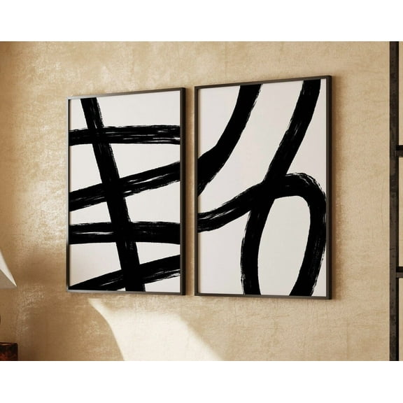 Luvia Set Of 2 Abstract, Black White Abstract Set, Abstract Wall Set, Brush Strokes, Set, Modern Wall Decor Set 2 Prints 8x12 UNFRAMED