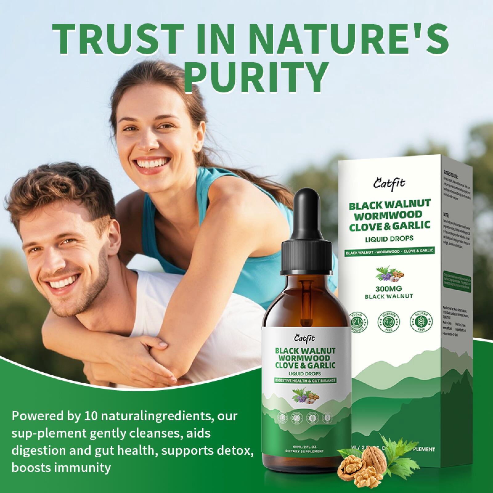 Black Walnut Wormwood Clove & Garlic Liquid Drops, Support Gut Cleanse & Digestive Health, 2 fl oz