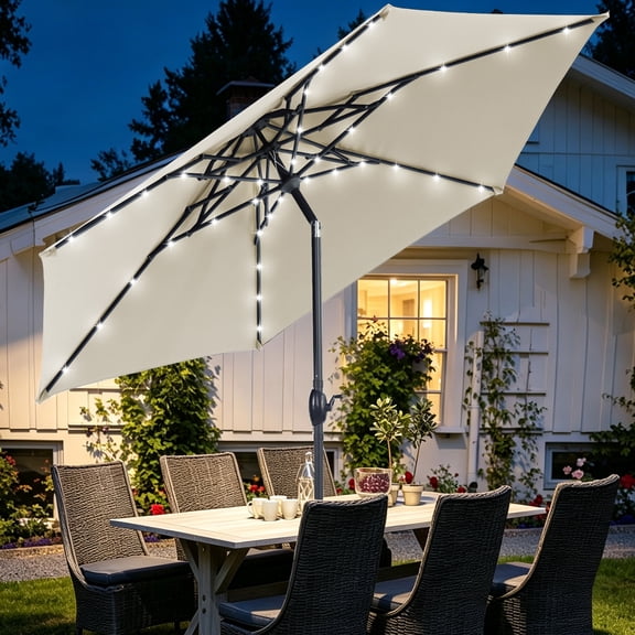 Autlaycil 10ft Solar Patio Umbrella with Lights, 3-Tier Windproof Stable Frame, Octopus-arm Structure with Steel Tilt and Crank-Beige