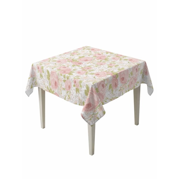 Pink Flowers Table Cloth, Country Botanical Floral Leaves Romantic Waterproof Tablecloth for Square Tables, Reusable Washable Fabric Table Cover for Restaurant Kitchen Dining Tables 60"x60"