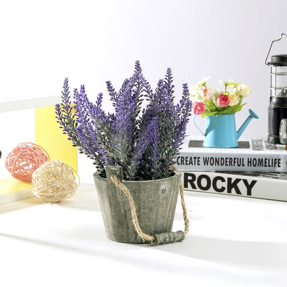 K-Cliffs Vintage Bouquet of Artificial Lavender Flowers  Potted in a Rustic Gray Wooden Metal Planter Pot   6.7Dia x 8.3H inches; 5Dia x 4.3 inches