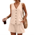 thumbnail image 2 of Women's Summer 2 Piece Outfits Sleeveless Button Down Lined Vest Shorts Matching Sets with Pockets Dressy Casual, 2 of 7