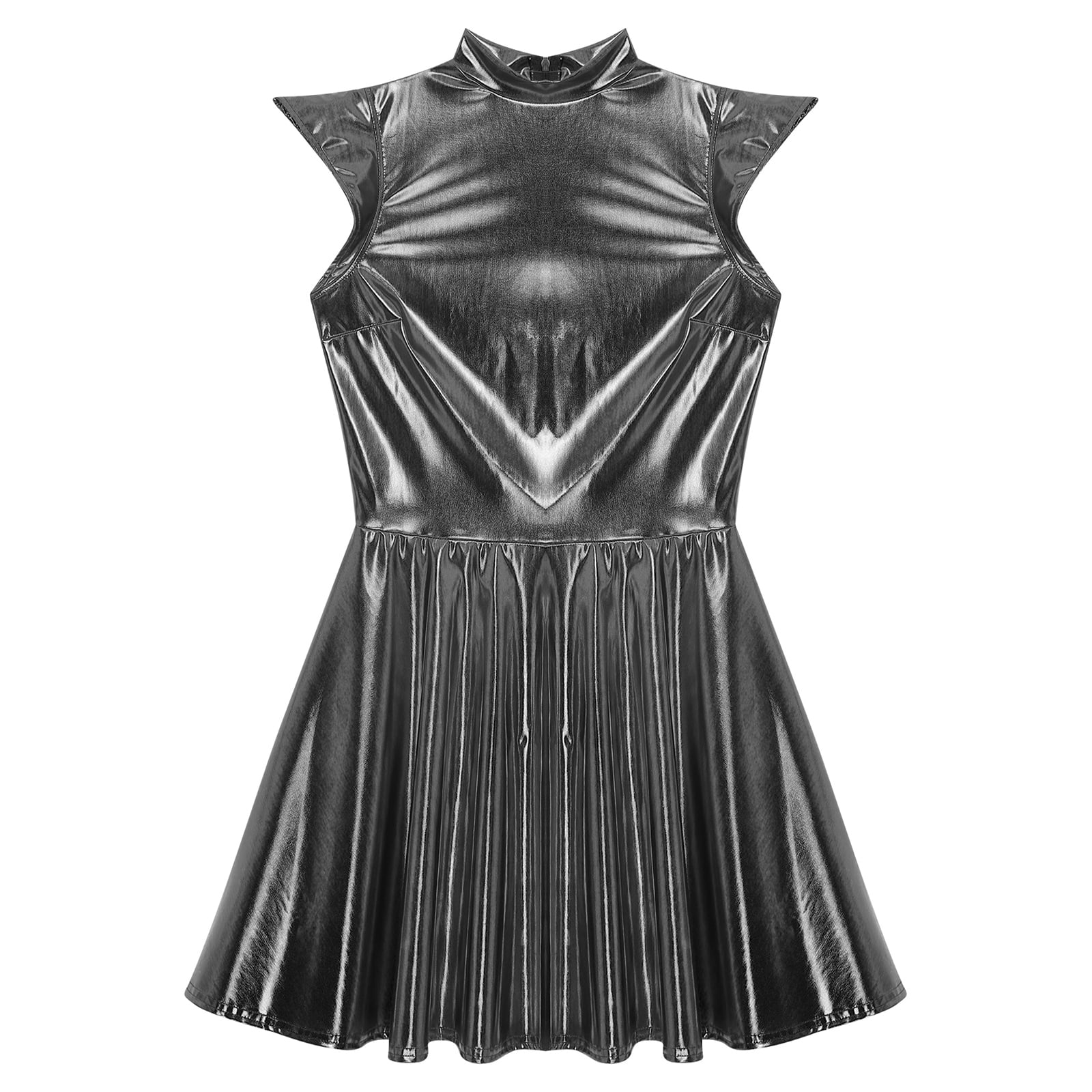 iiniim Women Shiny Metallic Holographic High Waisted Flare Skater Dress Carnival Party Grey S